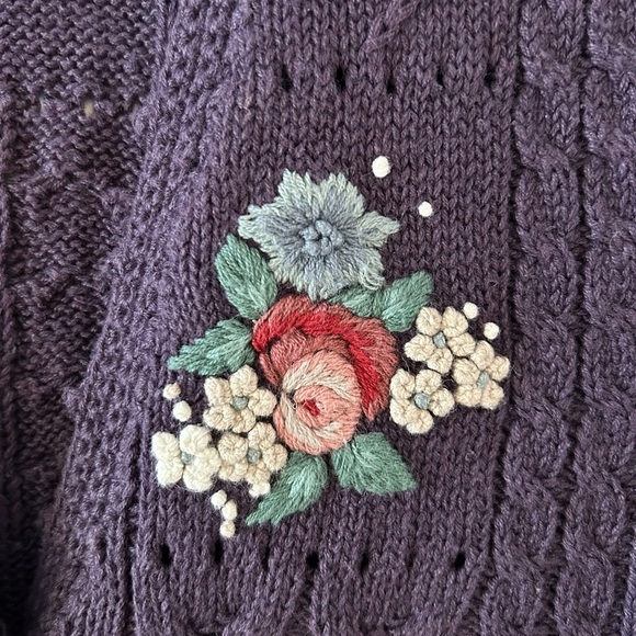 PORTRAITS by NORTHERN ISLES Hand Embroidered Eggplant Knit Floral Vest | Medium - Picture 3 of 5